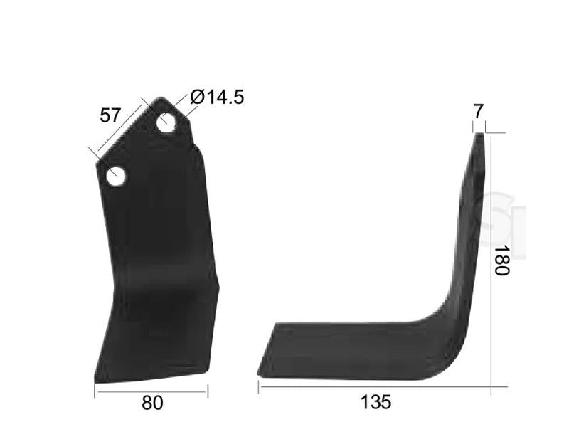 Faca Esquerdo 80x7mm Altura: 180mm. Centros de orifícios em: 57mm. Orifício Ø: 14.5mm. Acessorios para Celli Aplicavel em: 422513 (S.77352)