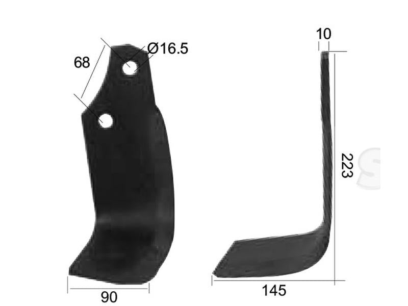 Faca Esquerdo 90x10mm Altura: 223mm. Centros de orifícios em: 68mm. Orifício Ø: 16.5mm. Acessorios para Maschio Aplicavel em: 20100415 (S.77366)