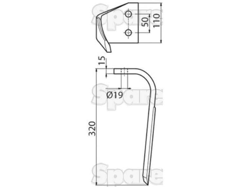 Bico 110x15x330mm Direito. Centros de orifícios em: 50mm. Orifício Ø 19mm. Acessorios para Kverneland, Maletti. Aplicavel em: E030146 (S.77531)
