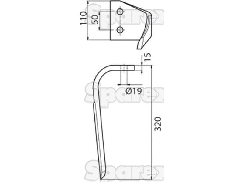 Bico 110x15x330mm Esquerdo. Centros de orifícios em: 50mm. Orifício Ø 19mm. Acessorios para Kverneland, Maletti. Aplicavel em: E040146 (S.77532)