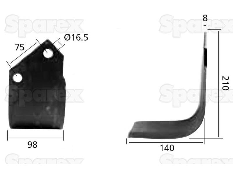 Faca Direito 98x8mm Altura: 210mm. Centros de orifícios em: 75mm. Orifício Ø: 16.5mm. Acessorios para Kuhn, Dowdeswell, Howard Aplicavel em: 52359000 (S.77548)