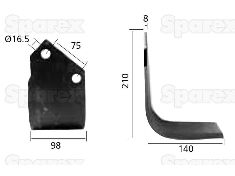 Faca Esquerdo 98x8mm Altura: 210mm. Centros de orifícios em: 75mm. Orifício Ø: 16.5mm. Acessorios para Kuhn, Dowdeswell, Howard Aplicavel em: 52359100 (S.77549)