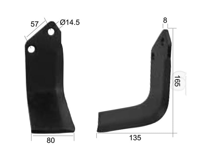 Faca Esquerdo 80x8mm Altura: 165mm. Centros de orifícios em: 57mm. Orifício Ø: 14.5mm. Acessorios para Krone, Kuhn Aplicavel em: 51921500 (S.77557)