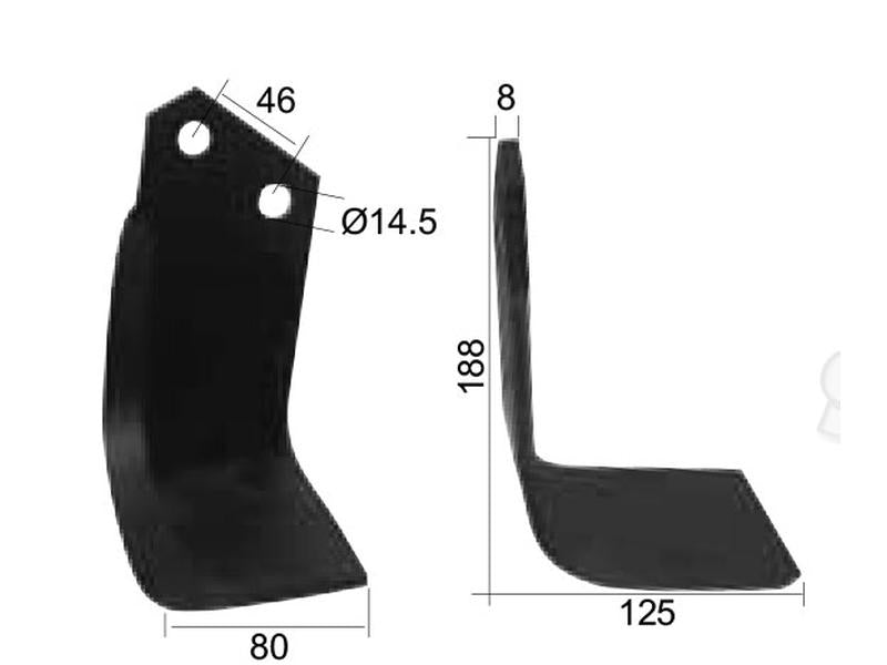Faca Direito 80x8mm Altura: 188mm. Centros de orifícios em: 46mm. Orifício Ø: 14.5mm. Acessorios para Kverneland, Maletti (S.77562)