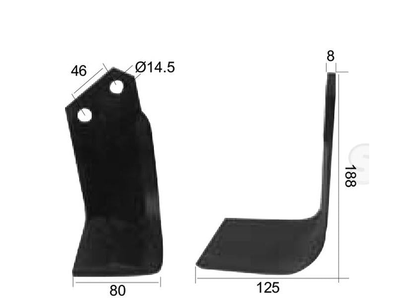 Faca Esquerdo 80x8mm Altura: 188mm. Centros de orifícios em: 46mm. Orifício Ø: 14.5mm. Acessorios para Kverneland, Maletti (S.77563)