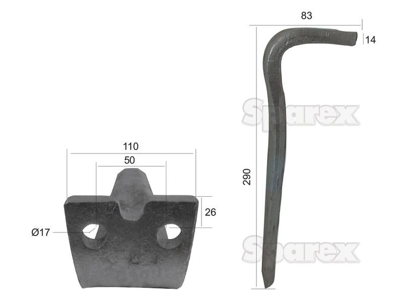 Bico 110x14x290mm Centros de orifícios em: 50mm. Orifício Ø 17mm. Acessorios para Forgio, Rekord. Aplicavel em: RLM58001 (S.78044)