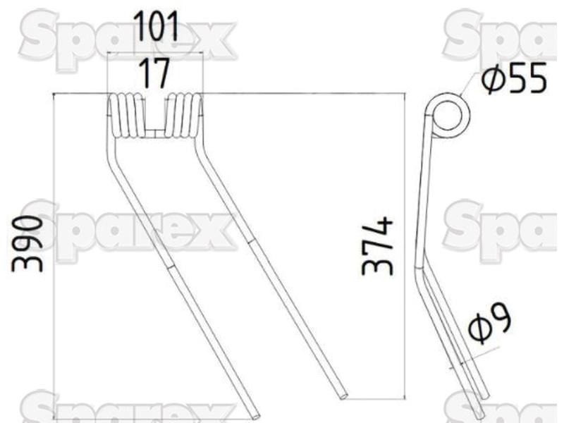 Mola - Direito - Comprimento:374mm, Largura:101mm, Ø9mm - Acessorios para Deutz-Fahr Aplicavel em: 06229777 (S.78075)