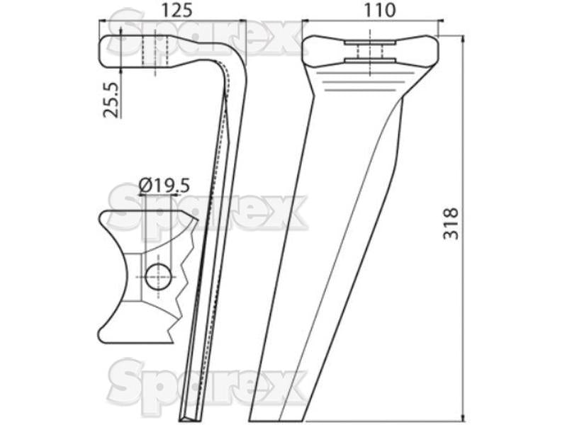 Bico 110x25.5x318mm Direito. Centros de orifícios emOrifício Ø 19.5mm. Acessorios para Kuhn. Aplicavel em: 52596410 (S.78192)