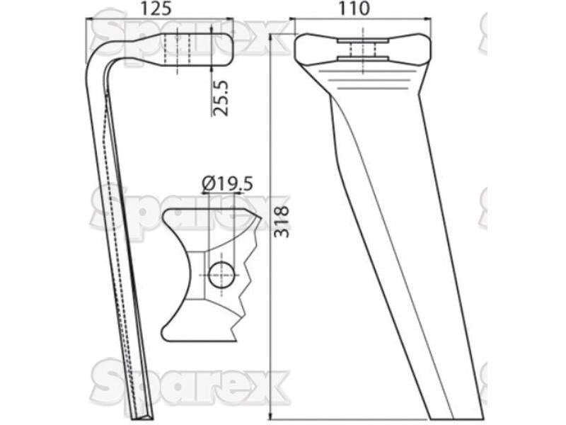 Bico 110x25.5x318mm Esquerdo. Centros de orifícios emOrifício Ø 19.5mm. Acessorios para Kuhn. Aplicavel em: 52596510 (S.78193)