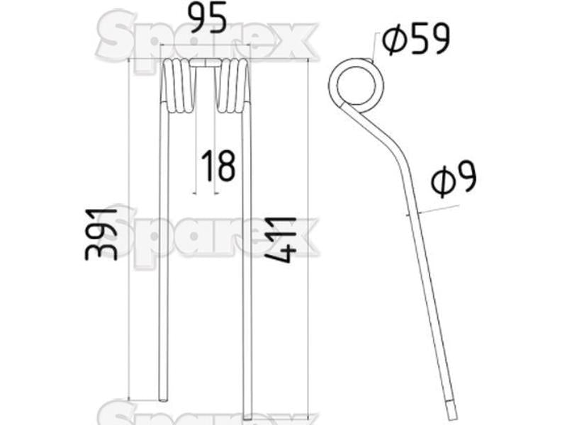 Mola - Direito - Comprimento:411mm, Largura:95mm, Ø9mm - Acessorios para Claas, Bautz Aplicavel em: 9024822 (S.78923)