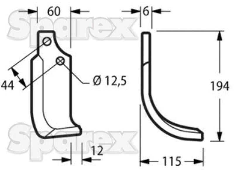 Faca Direito 60x6mm Altura: 194mm. Centros de orifícios em: 44mm. Orifício Ø: 12.5mm. Acessorios para Maschio (S.79627)